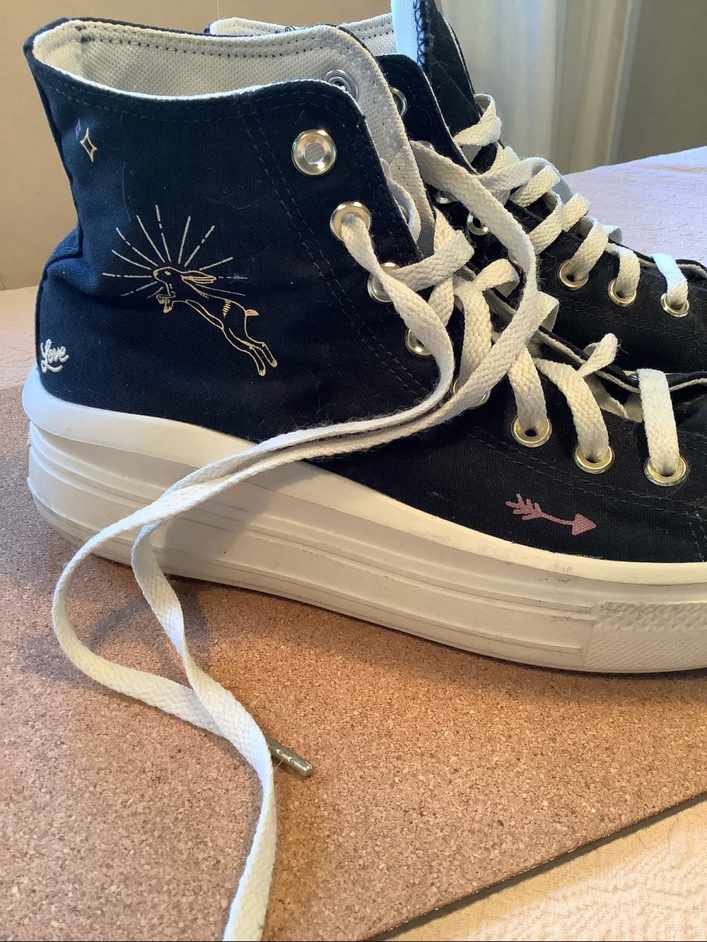 Converse "Move" Platform Black High Tops w/Rabbit & Embroidered Love - W SZ 10